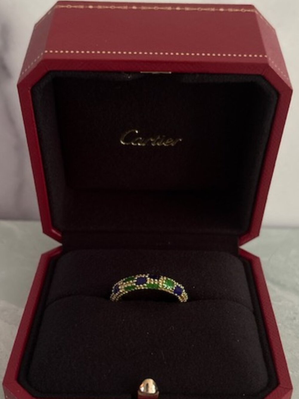 Cartier Vintage Mid-Century Beaded Band Ring Blue Enamel 18k Gold Elegant Luxury